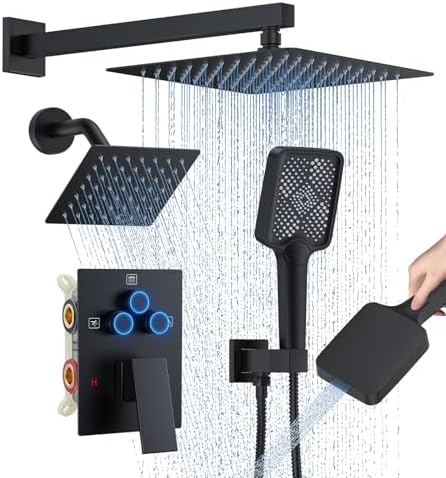 WOINDO Shower Faucet Set, 10" Wall Mount Rainfall Shower System with 2 Rain Shower Head and Multi-function Handheld Head Push Button Diverter Shower Faucet Trim Kit