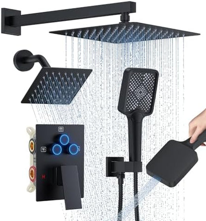 WOINDO Shower Faucet Set, 10" Wall Mount Rainfall Shower System with 2 Rain Shower Head and Multi-function Handheld Head Push Button Diverter Shower Faucet Trim Kit
