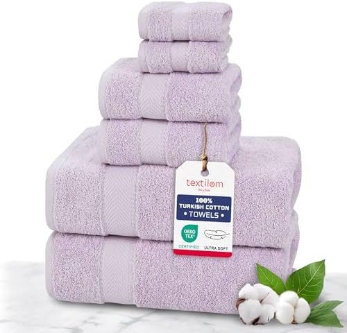TEXTILOM 100% Turkish Cotton 6 Pcs Bath Towel Set, Luxury Soft & Absorbent Bathroom Towels Set (2 Bath Towels, 2 Hand Towels, 2 Washcloths)- Lilac