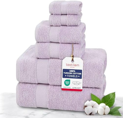 TEXTILOM 100% Turkish Cotton 6 Pcs Bath Towel Set, Luxury Soft & Absorbent Bathroom Towels Set (2 Bath Towels, 2 Hand Towels, 2 Washcloths)- Lilac