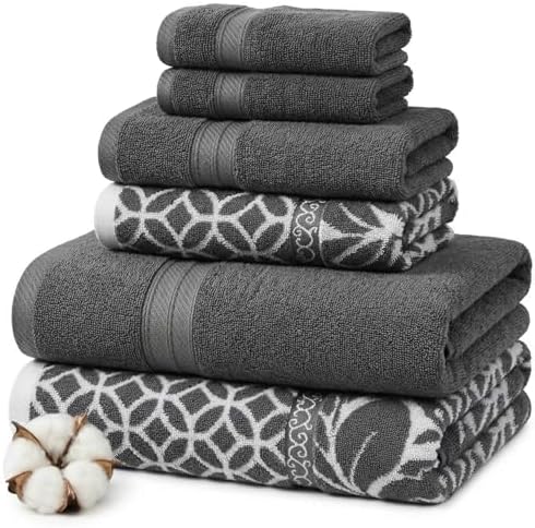 Modern Threads 6 Piece Bath Towel Set – Bathroom Set with 2 Bath Towels, 2 Hand Towels, and 2 Wash Cloths – 100% Cotton, Super Absorbent & Extra Soft – Reversible Botanical Vine (Gray)