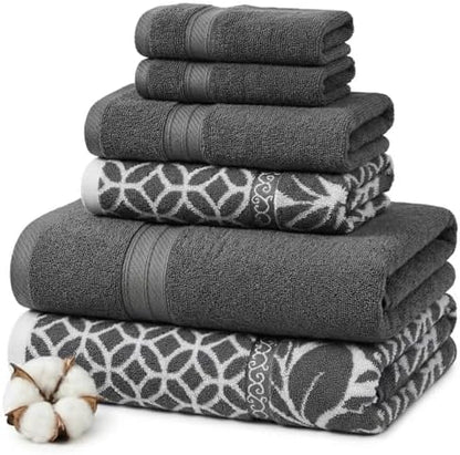 Modern Threads 6 Piece Bath Towel Set – Bathroom Set with 2 Bath Towels, 2 Hand Towels, and 2 Wash Cloths – 100% Cotton, Super Absorbent & Extra Soft – Reversible Botanical Vine (Gray)