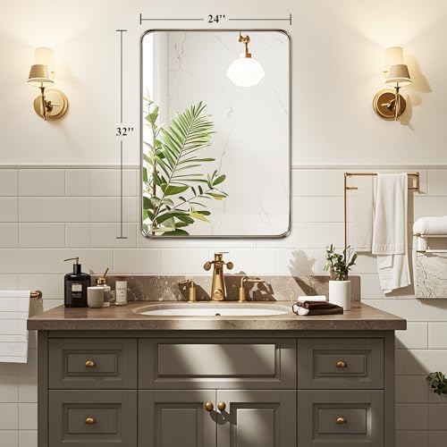 Fabuday Bathroom Wall Mirror 32x24 Inch - Bronze Metal Frame Over Sink Mirror for Bathroom, Rustic Bathroom Mirrors for Bedroom, Farmhouse, Hallway, Living Room Decor, Horizontal or Vertical Hanging