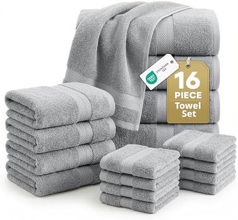 LANE LINEN Towel Set Soft Absorbent Quick Dry 100% Cotton 16 Piece - Grey