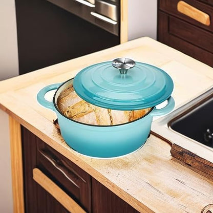 COOKWIN Cast Iron Dutch Oven, 3 QT Round Dutch Oven Pot with Self Basting Lid for Home Baking, Braiser, Cooking, Great Christmas Gifts for Family,Teal
