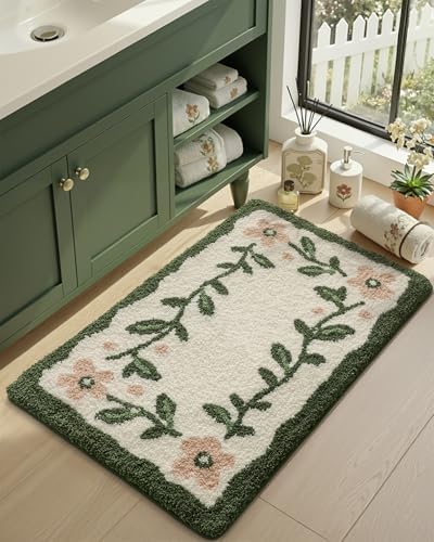 DEXI Boho Floral Bathroom Rugs 43x24, Green Leaf Bath Mat Non Slip Washable
