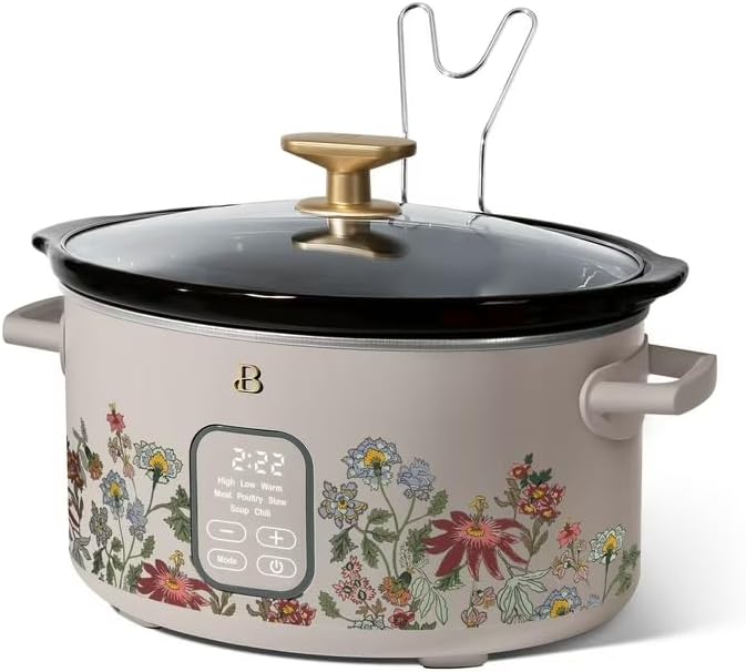 B 6 Qt Programmable Slow Cooker with Digital Timer, 5 Cooking Functions, Removable Ceramic Pot, Tempered Glass Lid, Dishwasher Safe (Wildflower Porcini Taupe)