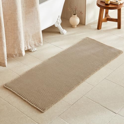 TYUU Waffle Runner Rug Bathroom, Long Boho Bath Mat Non Slip, 60x24 Khaki