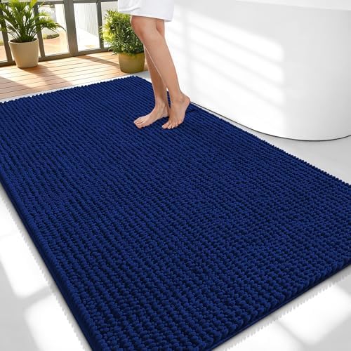 OLANLY Thick Chenille Large Bathroom Rugs 59x35, Absorbent Bath Mat, Navy