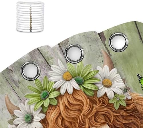 Cute Cow Shower Curtain, Farmhouse Rustic Floral Daisy Highland Cow Shower Curtains for Bathroom, Calf Country Farm Animal Garden Plant Fabric Bathroom Decor with Hooks, 54x72 inch