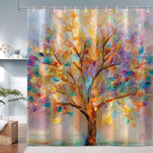 Moonslim Colorful Tree Shower Curtains, Stained Glass Trees Leaves Colored Seasons Fabric Shower Curtain Set Modern Aesthetic Bath Curtain for Bathroom Decor Waterproof Cloth with Hooks 72X84 Inch