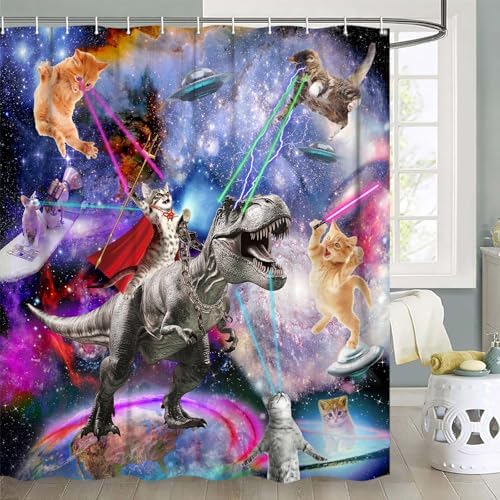 Funny Cat Shower Curtain, Cool Cat Dinosaur Japanese Ocean Wave Shower Curtain, Cat Riding Dinosaur Fun Shower Curtain Nautical Kids Children Rustic Wooden Farmhouse Shower Curtain, 60X70inch, Purple