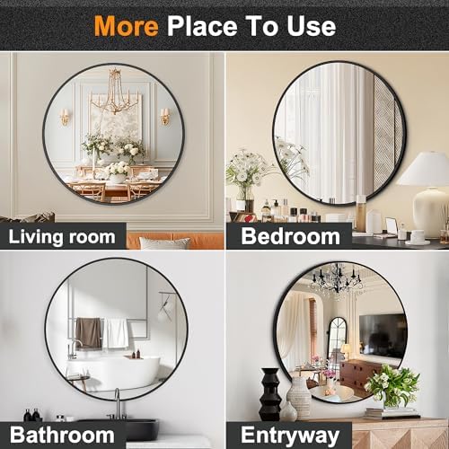 Delma 26 Inch Black Round Circle Mirror for Bathroom Wall, Metal Frame