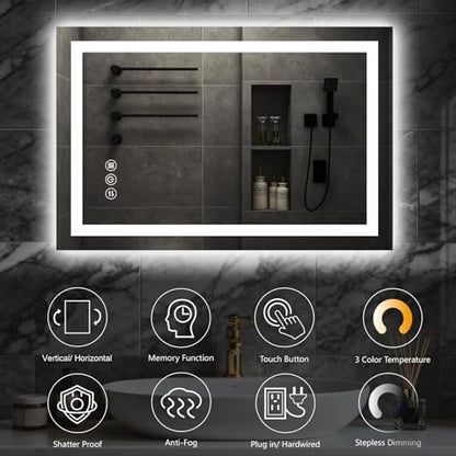24"x 36" LED Bathroom Mirror with Lights, Backlit & Front Lit Vanity Mirror