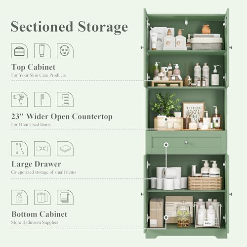 HIFIT Tall Bathroom Storage Cabinet with Drawer, Modern Linen Cabinet,Green