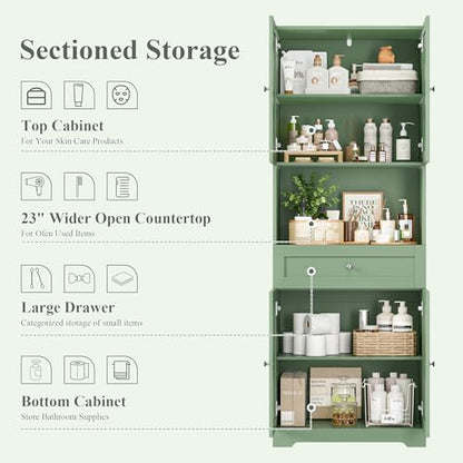 HIFIT Tall Bathroom Storage Cabinet with Drawer, Modern Linen Cabinet,Green