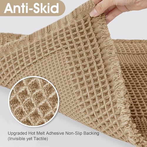 Upgraded Waffle Bath Mat Set 3 Piece Beige-Looped, Super Absorbent Non-Slip Quick Dry Bathroom Rugs with Tassels, Machine Washable Ultra Soft Boho Bath Rugs for Floor, Toilet Mats Boho Farmhouse Decor
