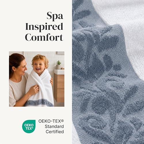 Modern Threads 6 Piece Bath Towel Set – Bathroom Towel Set with 2 Bath Towels, 2 Hand Towels & 2 Washcloths – 100% Cotton, Soft & Absorbent – Jacquard Border (Blue)