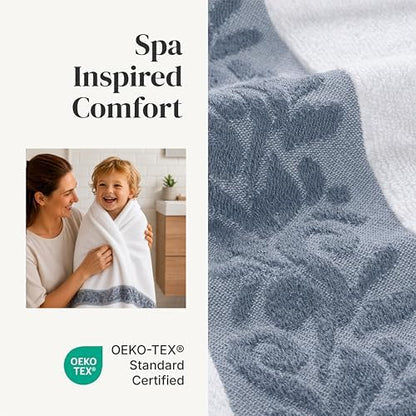 Modern Threads 6 Piece Bath Towel Set – Bathroom Towel Set with 2 Bath Towels, 2 Hand Towels & 2 Washcloths – 100% Cotton, Soft & Absorbent – Jacquard Border (Blue)