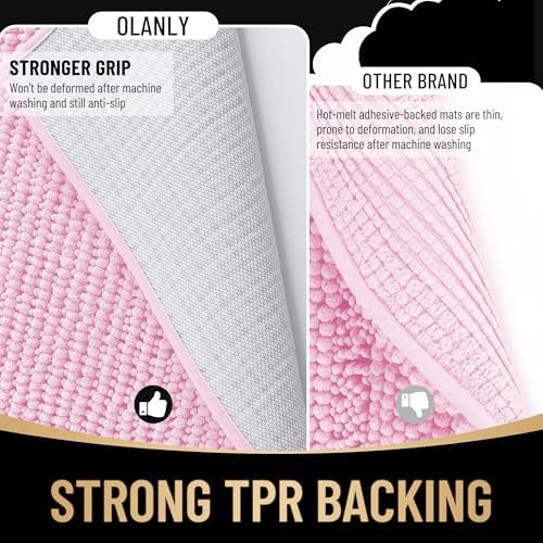 OLANLY Thick Chenille Bathroom Rugs 30x20, Soft Absorbent Bath Mat, Pink