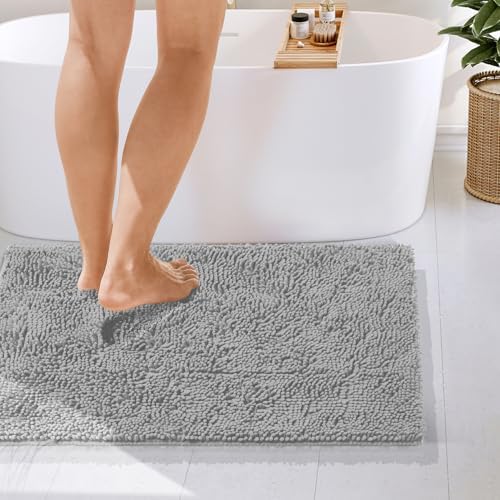 Hearth & Harbor Bathroom Rugs, Chenille Bath Mat - Machine Washable Bath Mats for Bathroom Non-Slip Backing Rubber, Quick Dry Bathroom Mat - Silver 24x36
