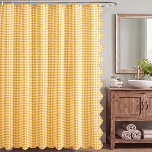 HunnmingRe Scalloped Gingham Shower Curtain Yellow