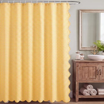 HunnmingRe Scalloped Gingham Shower Curtain Yellow