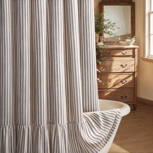 Farmhouse Shower Curtain Ruffle Linen White-Brown Stripe 72"W x 72"L