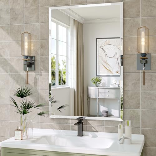 Frameless Bathroom Mirror, 24" x 36" Beveled Wall Mirror