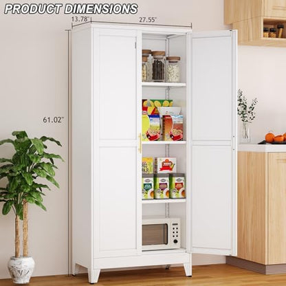 Winiowa Metal Pantry Cabinet with 2 Doors and Adjustable Shelves - 61" Kitchen Storage Cabinet with Gold Handles - Versatile Storage for Kitchen, Bathroom, Dining Room, Utility Room - White