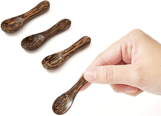 Set of 4 Handmade Tiny Wooden Spoons, 2.3” Mini Size for Salt Sugar Spices Condiments (Dark Brown -Palm)
