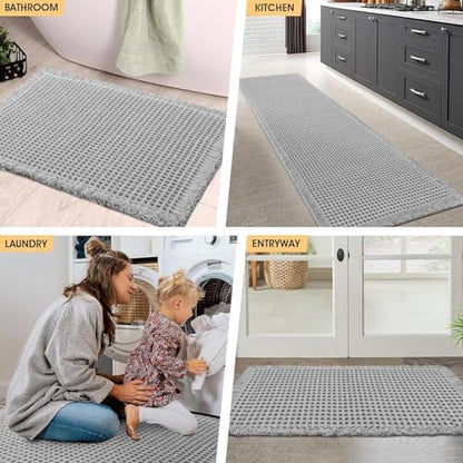 IM HOME Waffle Bath Mat Light Grey 36"x24", Boho Woven Modern Bath Mat Rugs, Absorbent Non Slip Bathroom Rugs, Soft Washable Bath Rugs with Tassels for Bathroom, Bedroom, Kitchen, Shower, Tub
