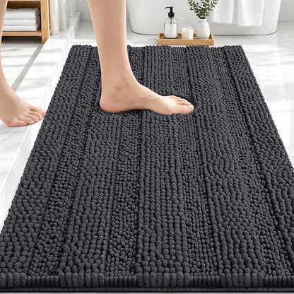 OLANLY Thick Bathroom Rugs 30x20, Chenille Striped Bath Rugs, Dark Grey