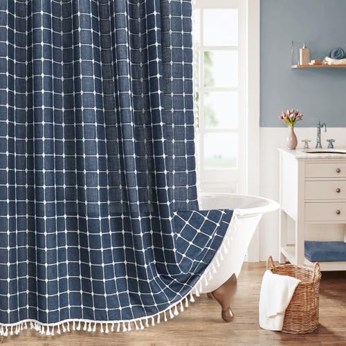 Boho Farmhouse Classic Plaid Linen Tassel Shower Curtain Navy Blue,72x78