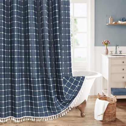 Boho Farmhouse Classic Plaid Linen Tassel Shower Curtain Navy Blue,72x78