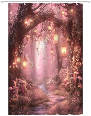 Fantasy Forest Path Shower Curtain Pink Fairy Magical Enchanted Misty Jungle Mushroom Floral Tree Butterfly Lantern Wonderland Bath Curtain Fabric Bathroom Accessories Decor with Hooks 35W x70L