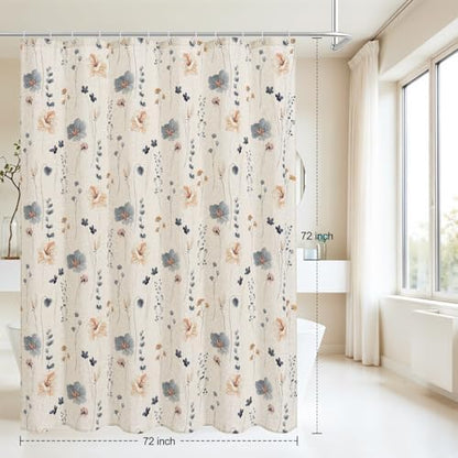 Gibelle Blue Linen Watercolor Floral Fabric Shower Curtain, 72x72