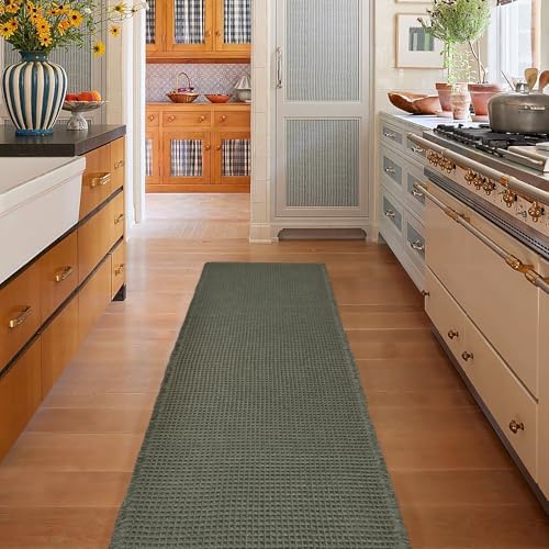 ZALL Waffle Bath Mat,Super Absorbent Non Slip Long Bathroom Runner Rug,Dark Green 24X72inch,Machine Washable Ultra Soft Floor Mats