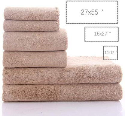 MOONQUEEN Ultra Soft Towel Set - Quick Drying - 2 Bath Towels 2 Hand Towels 2 Washcloths - Microfiber Coral Velvet Highly Absorbent Towel for Bath Fitness, Sports, Yoga, Travel (Brown, 6 Pcs)
