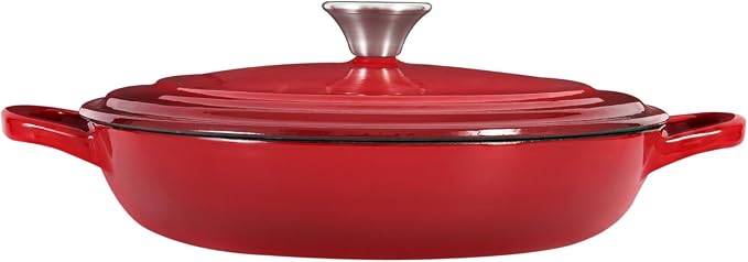 Flavehc Braiser Enameled Cast Iron Braiser 2.25 QT, Cast Iron Braiser Pan with Lid for Bread Baking, Soup & One Pot Meals, Small Shallow Dutch Oven Casserole for Oven & Induction, Red