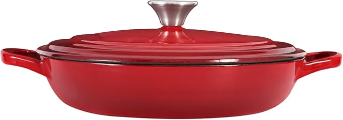 Flavehc Braiser Enameled Cast Iron Braiser 3 QT, Cast Iron Braiser Pan with Lid for Bread Baking, Soup & One Pot Meals, Small Shallow Dutch Oven Casserole for Oven & Induction, Red