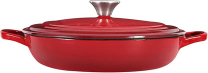 Flavehc Braiser Enameled Cast Iron Braiser 3 QT, Cast Iron Braiser Pan with Lid for Bread Baking, Soup & One Pot Meals, Small Shallow Dutch Oven Casserole for Oven & Induction, Red
