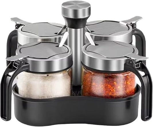 Revolving Condiment Pots Sugar Bowl Salt & Pepper Cellar with Lid and Spoon, Set of 4 Seasoning Box Spice Jar with 360 Rotating Holder Tray for Kitchen, 4 Pots