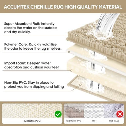 ACCUMTEK Upgrade Luxury 2 Piece Beige Toilet Bathroom Rug Mat U Shape 24"x20"+48"x20", Ultra Soft Thick Absorbent Bath Mats, Non Slip Chenille Toilet Mat for Bathroom, Bedroom, Kitchen, Shower, Tub