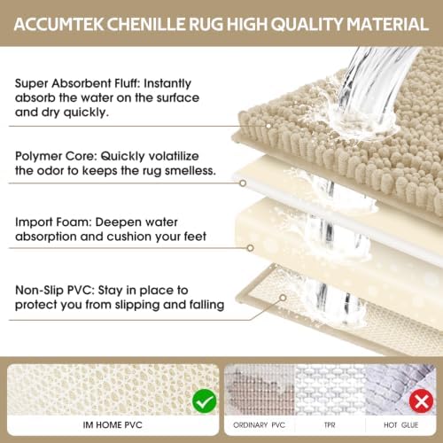 ACCUMTEK Upgrade Extra Large Beige Bathroom Rug Set 3 Pieces Ultra Soft, Thick Absorbent Bath Mats, Non Slip Chenille Toilet Mat for Bathroom, Bedroom, Kitchen