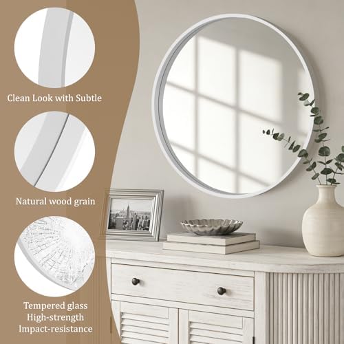 WallBeyond Round Wood Mirror 28 inch Circle Wall Mirror for Bathroom Round Wall Mirror for Wall Decor, Vanity, Entryway Living Room (White)