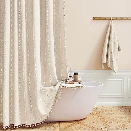 BTTN 72x96 Extra Long Boho Linen Heavy Duty Shower Curtain Set, Cream/Beige