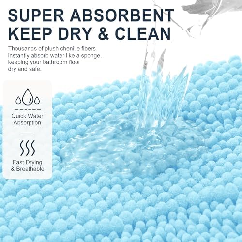 Smiry Thick Chenille Bathroom Rugs 30x20, Soft Absorbent Bath Mat, Sky Blue