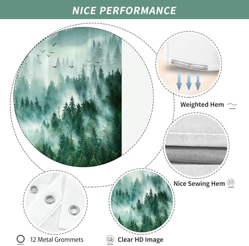Green Misty Foggy Forest Mountain Shower Curtain for Bathroom 72W*72H Inch Nature Tree Woodland Bathtub Decor Pine Tree Natural Country Cool Masculine Aesthetic Waterproof Polyester Fabric