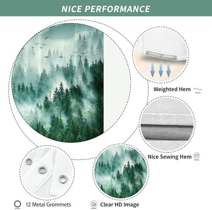 Green Misty Foggy Forest Mountain Shower Curtain for Bathroom 72W*72H Inch Nature Tree Woodland Bathtub Decor Pine Tree Natural Country Cool Masculine Aesthetic Waterproof Polyester Fabric